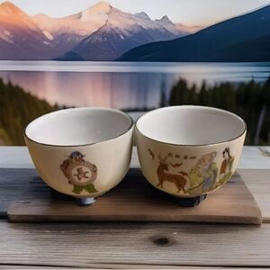 Golden China CYH Teacups Gold Rim Geisha Reindeer Asian bowls 2 vintage Taiwan